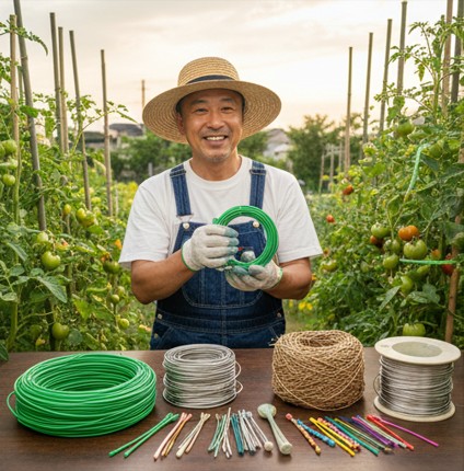 庭で様々な種類の園芸用ワイヤーを持つ日本人の笑顔。ガーデニングの楽しさとワイヤーの多様性を表現したアイキャッチ画像。