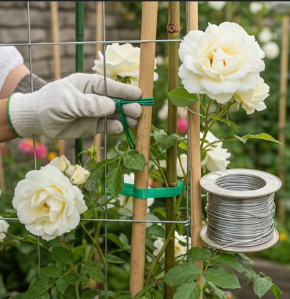 ビニール被覆ワイヤー、地巻ワイヤー、ステンレス線が並んだ素材比較画像。質感の違いがわかりやすい接写。