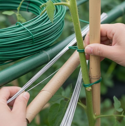 植物の茎と支柱を「8の字結び」で固定している様子。茎に食い込まないよう隙間を持たせた正しい誘引方法。