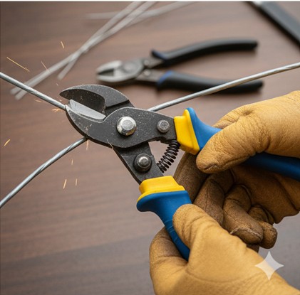 強力なニッパーで園芸用ワイヤーを正確に切断する様子。適切な工具選びと安全な作業手順を強調。