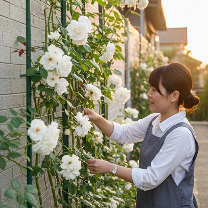 ワイヤーで整えられた美しく健康的な家庭菜園の全景。適切な手入れによって実現した理想の庭