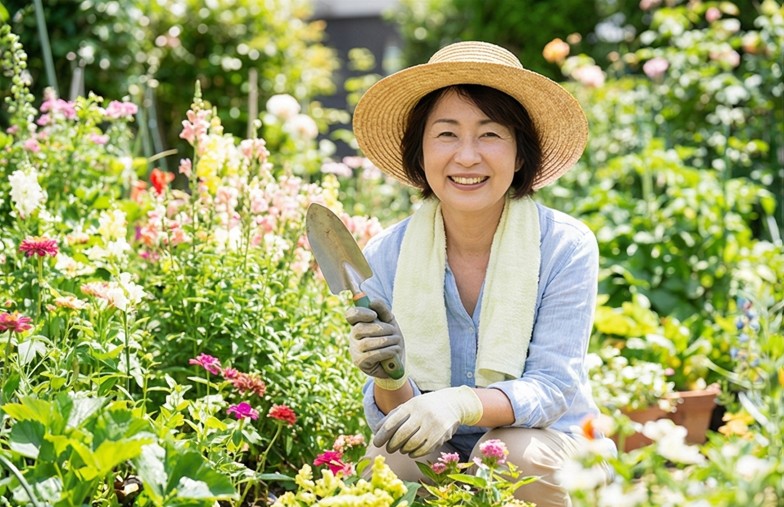 日当たりの良い明るいリビングの窓辺で、小さな鉢植えの植物を笑顔で手入れしている日本人女性。園芸を趣味として楽しむリラックスした雰囲気。