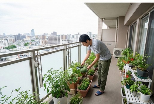 日本のマンションのベランダにある避難ハッチ（避難はしごの蓋）の周囲が、鉢植えなどの障害物なく整理整頓され、安全な避難経路が確保されている様子。