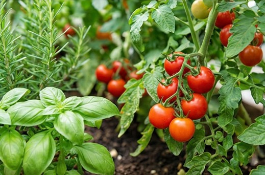 プランターで栽培され、赤く熟したミニトマトと、青々とした新鮮なバジルの葉のクローズアップ。家庭菜園の収穫の喜びを表現。