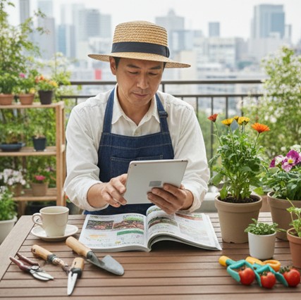 明るい陽射しが差し込むリビングで、観葉植物に囲まれながらNHKの園芸番組を視聴し、手入れをしている日本人の様子
