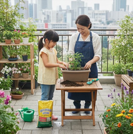マンションのベランダで、母親と子供が一緒にプランターにミニトマトの苗を植え付け、土いじりを楽しんでいる様子