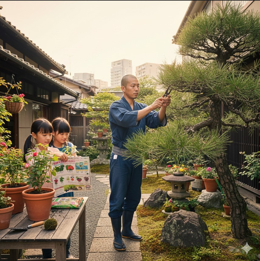 京都の風情ある路地裏に佇む、鉢植えが美しく並べられた小さな園芸店の軒先。番組の世界観を表現した情緒的な風景