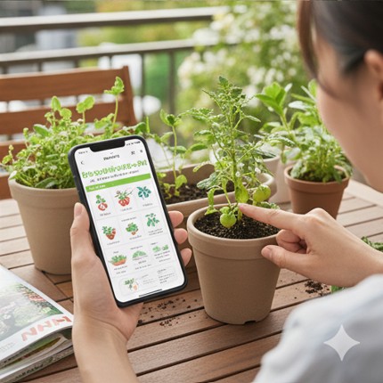 ベランダでスマートフォンの画面に表示された植物の成長記録写真と、目の前の実物の植物を見比べている手元のアップ