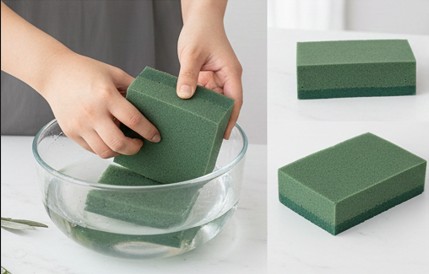 花器にセットした園芸用オアシスの角をナイフで斜めにカットして面取りを行っているプロの手元