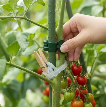 支柱とクリップで綺麗に整えられ、元気に育った野菜が並ぶ美しい家庭菜園の全景