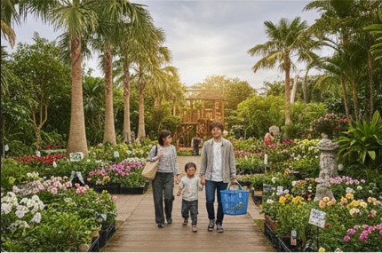 巨大な吹き抜けと高いヤシの木が特徴的な大阪の大型ホームセンター園芸コーナー