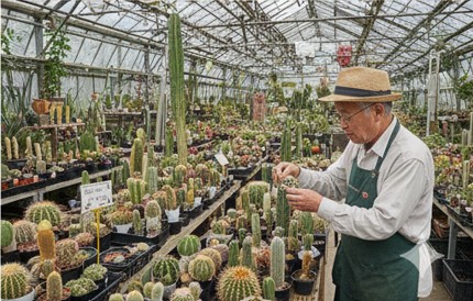 数え切れないほどの多肉植物やサボテンが並ぶ専門店の温室