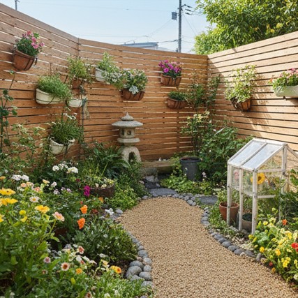 狭いスペースを有効活用した立体的で奥行きのあるスモールガーデンの実例