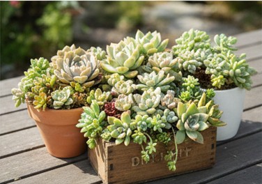 ベランダで育てられている色鮮やかでおしゃれな多肉植物の寄せ植え