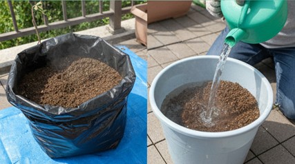 黒いビニール袋に入れた土の日光消毒と、ジョウロで熱湯をかける土壌消毒のイメージ