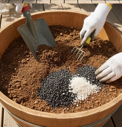 消毒後の土に腐葉土や苦土石灰を混ぜて栄養豊かな土壌を作る様子