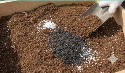 もみ殻くん炭やパーライトを土に混ぜて通気性と排水性を向上させる仕上げ作業