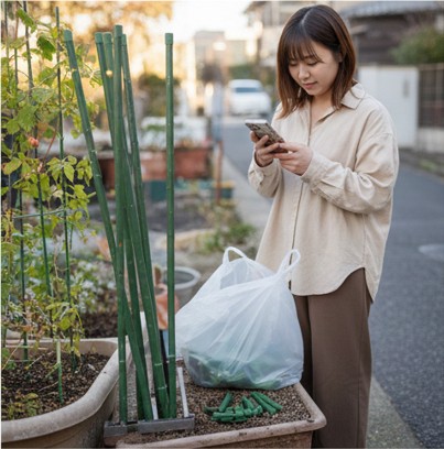 庭に置かれた使い古しの緑色の園芸用支柱と、処分に悩む日本人女性のイメージ