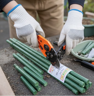 厚手の作業用手袋(ゴムコーティング)を着用して、古い園芸用支柱を安全に扱う日本人の手元