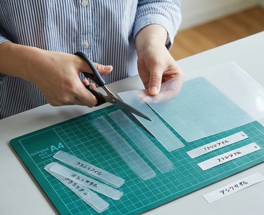 クリアファイルの表面をサンドペーパーで削り、インクの定着を良くするための足付け作業をしている手元