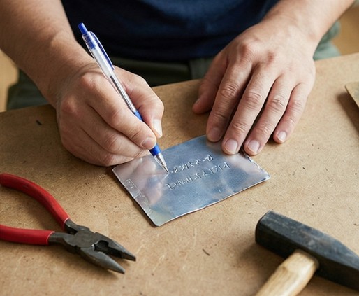 安全手袋をして、アルミ缶をカットしたプレートにボールペンで強く書き込み、文字をエンボス加工(刻印)している様子