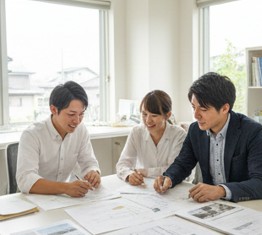 明るいオフィスで外構の設計図面を見ながら専門家と真剣に打ち合わせをする日本人夫婦の様子