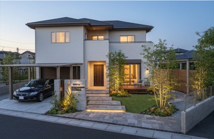 外構に400～500万円の予算をかけた自宅の夕方から夜にかけての様子。