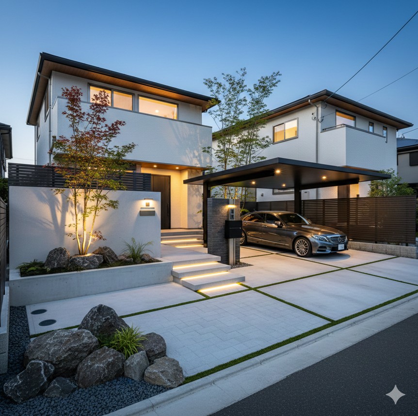 夜間照明で美しくライトアップされた、機能的かつ洗練されたシンプルモダンの外構デザイン