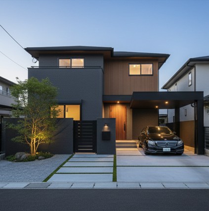グレーと黒を基調とした、洗練されたシンプルモダン外構のカラーコーディネート事例