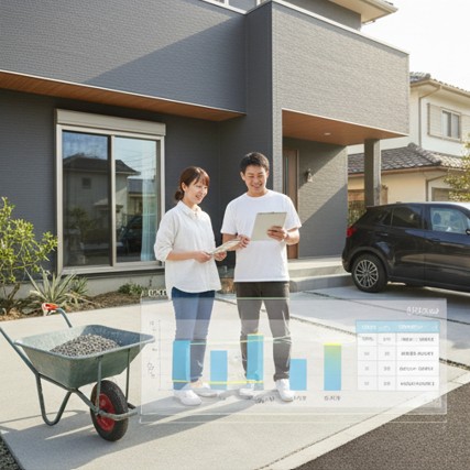 外構でオワコンを選ぶと価格的に安いことを確認する夫婦。