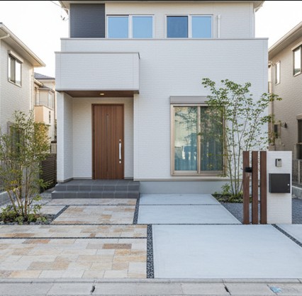 天然石と洗い出し仕上げを組み合わせたおしゃれな玄関アプローチの素材感