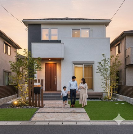 ライティングによって夜間のクオリティと安全性が高まった外構の夜景