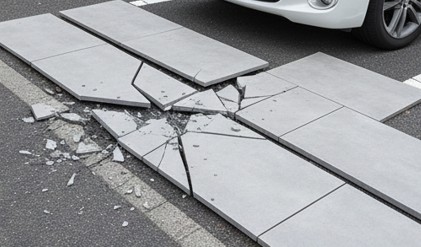 駐車場の重みで割れてしまった不適切な外構タイルの破損事例