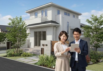 完成した美しい外構の庭に立つ日本の夫婦が、タブレット端末に表示された外構パースのイメージ図を見比べて笑顔でいる様子。