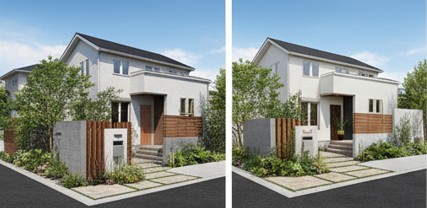 左側にプロが作成した高品質でリアルな外構CGパース、右側に無料アプリで作成した簡易的な外構3Dモデルを並べた比較画像。品質の差が一目瞭然。