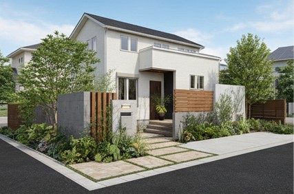 コンクリート打ち放しの壁、天然木のルーバー、自然な植栽を組み合わせた、洗練された複合型デザイン（Mix Style）のおしゃれな外構CGパース。