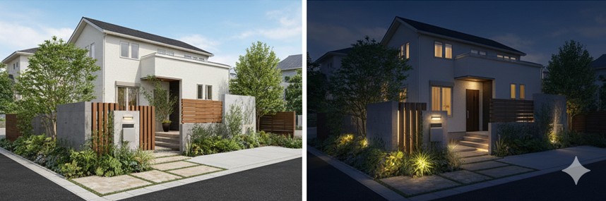 同じ住宅の外構を昼（左側）と夜（右側）で比較した画像。夜のシーンでは照明によるライティング効果がシミュレーションされている。