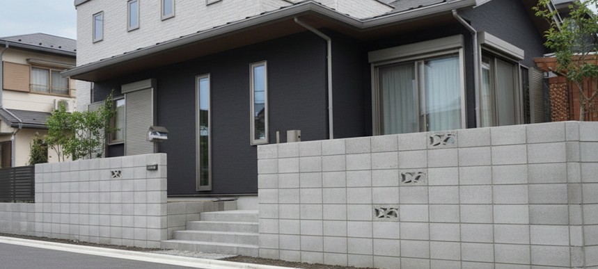 モダンな日本の住宅の外構ブロック塀と庭の全体イメージ