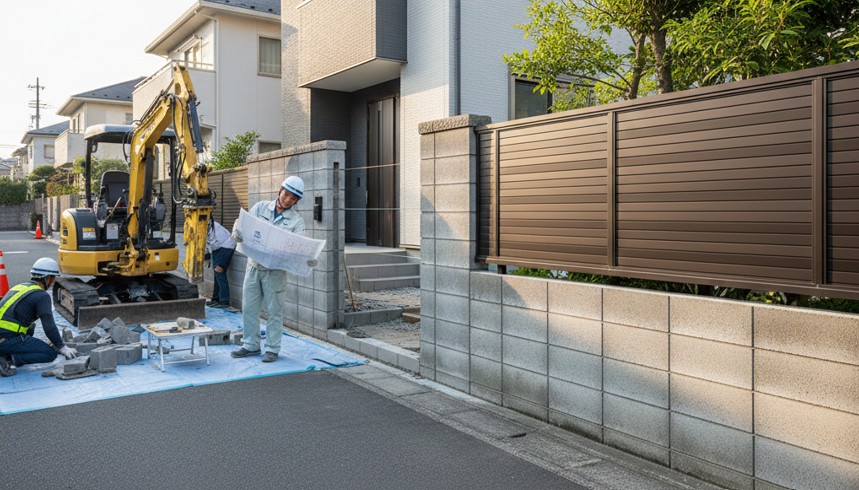 リフォームのために撤去・解体を待つ古いコンクリートブロック塀