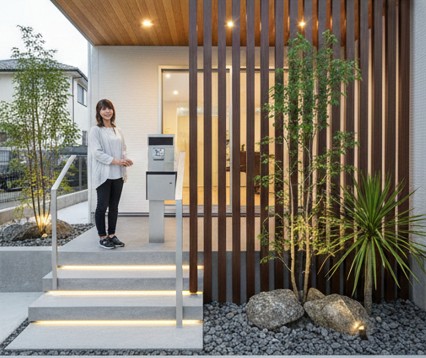 木目調の軒天で室内と屋外のつながりを演出し空間を広く見せる玄関ポーチのデザイン