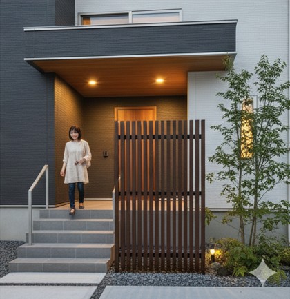 縦格子のルーバーと植栽を組み合わせてプライバシーを確保したおしゃれな玄関目隠し