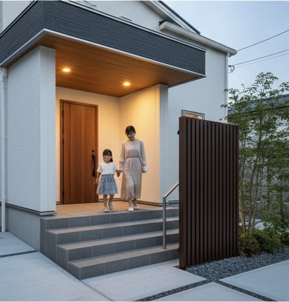 蹴上を低く踏面を広く確保した上りやすく安全な玄関アプローチ階段の寸法イメージ