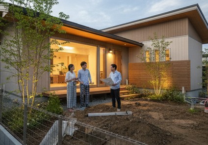 涼温房に基づいた環境設計と庭づくりを住友林業の担当者と打ち合わせている様子