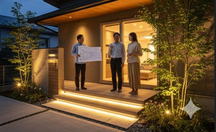 入居後に後悔しないように図面を見ながら外構計画を確認している夫婦