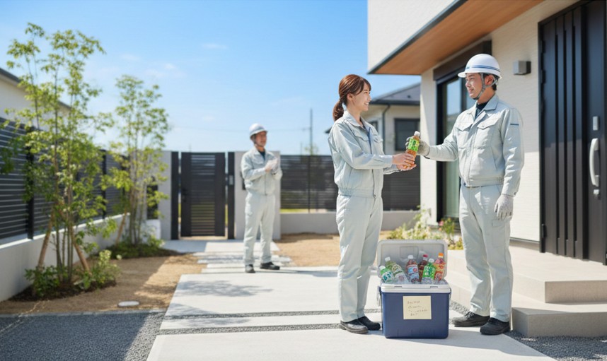 夏の外構工事現場で喜ばれる、氷でキンキンに冷えたスポーツドリンクとお茶の差し入れ