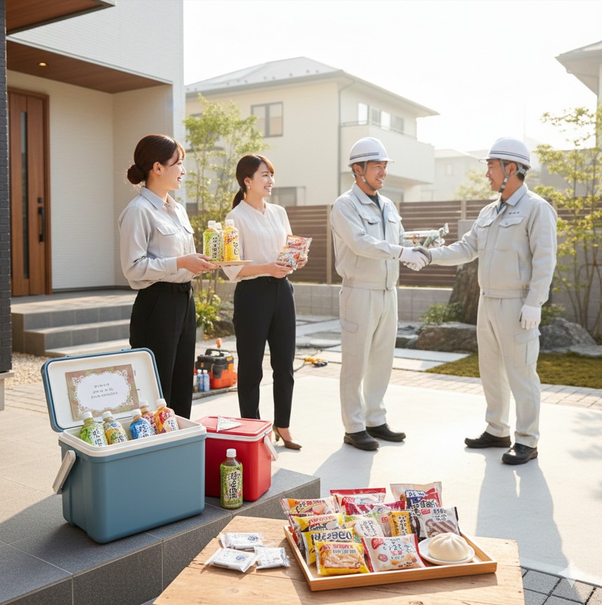 外構工事の現場で職人に差し入れを渡して感謝を伝える施主の様子