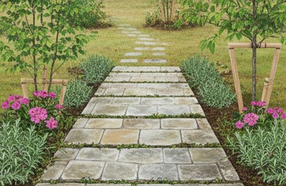 玄関アプローチの足元を彩るマホニアコンフューサなどの低木。メンテナンスが楽でスタイリッシュな外構植栽の例。