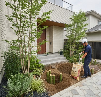 庭の土壌改良を行う日本人の様子。掘り起こした土に腐葉土を混ぜて、植物が育ちやすい通気性の良い土を作っている。
