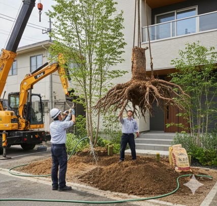 重機を使用して大きな樹木を植え付けるプロの造園業者。DIYの限界となる高木の取り扱いや大規模な外構施工の様子。