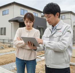 業者から外構の相見積もりを取って打ち合わせしている様子